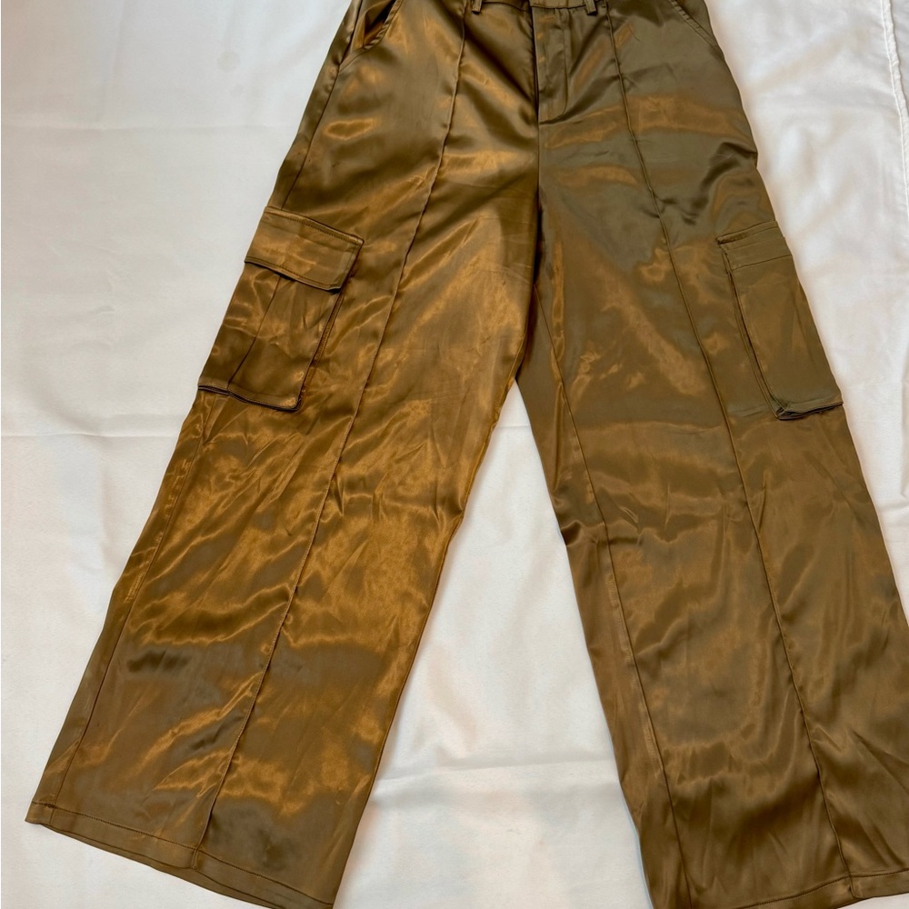Olive Green Satin Cargo Pants